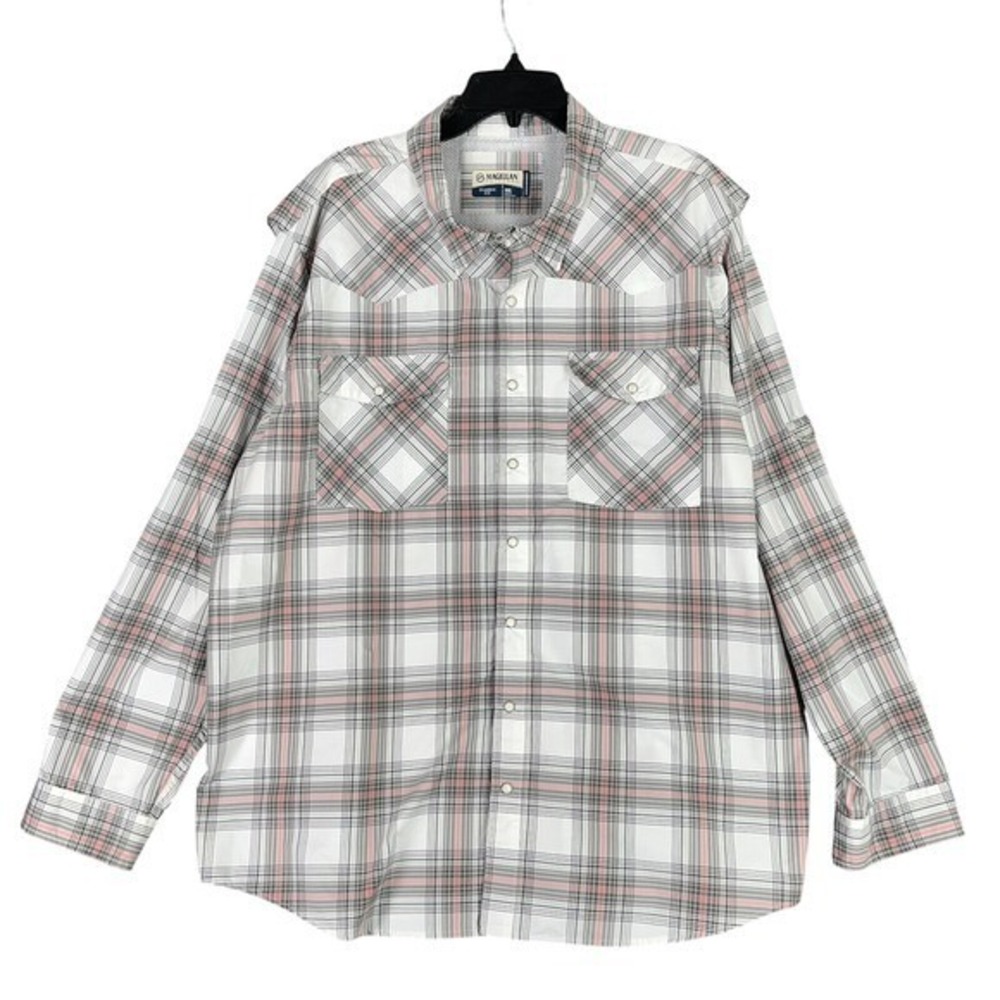 Magellan Outdoors Pecos Ridge Fishing Shirt Mens 2XL Plaid Pearl Snap Outdoor